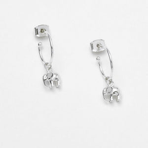 Earrings Elephant Drop Hoop - Silver Plated