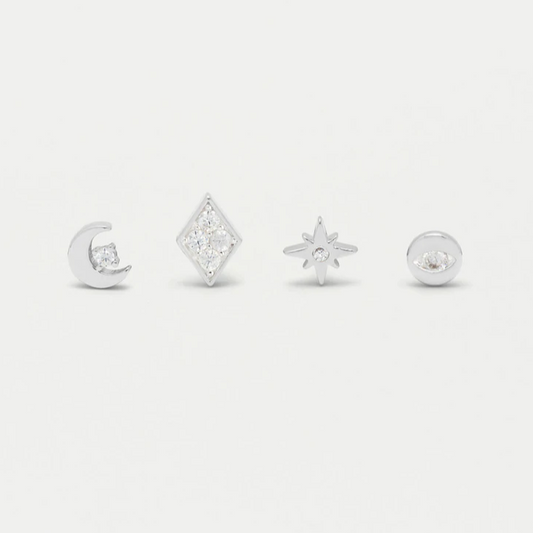 Earrings Set-of-4 Silver Plated CZ Celestial Lobe Helix