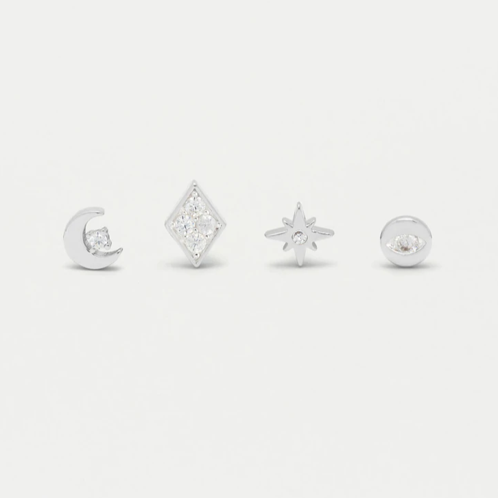 Earrings Set-of-4 Silver Plated CZ Celestial Lobe Helix