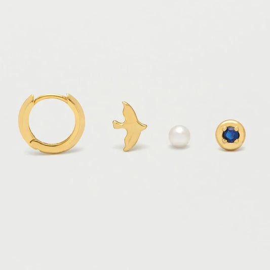 Earrings Set-of-4 Gold Plated CZ Nature Lobe Helix