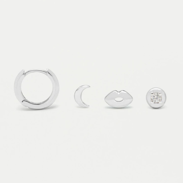 Earrings Set-of-4 Silver Plated CZ Fun Lobe Helix
