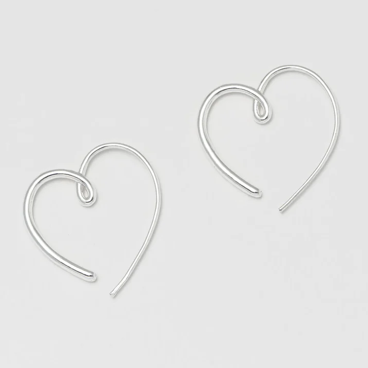 Heart Hoop Earrings Statement Hand-Drawn Silver Plated