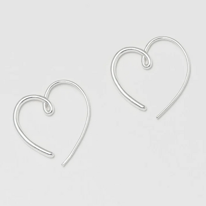 Heart Hoop Earrings Statement Hand-Drawn Silver Plated