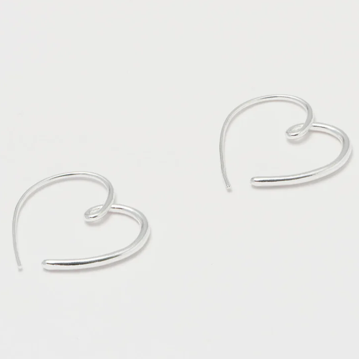 Heart Hoop Earrings Statement Hand-Drawn Silver Plated