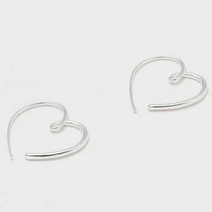 Heart Hoop Earrings Statement Hand-Drawn Silver Plated