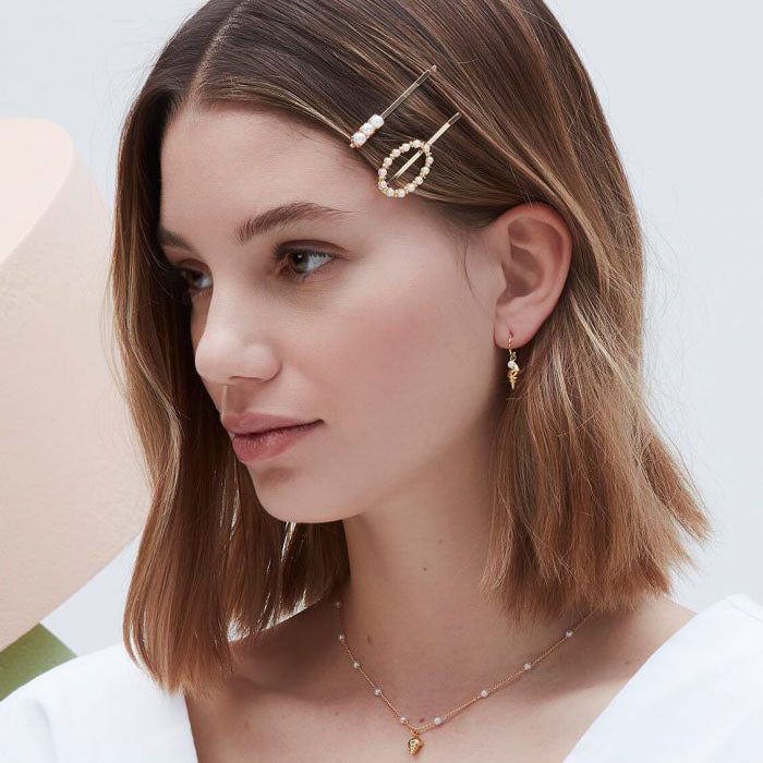 Mini Hoop Drop Earrings Shell and Pearl - Gold Plated