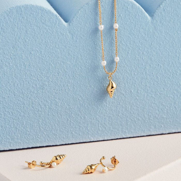Mini Hoop Drop Earrings Shell and Pearl - Gold Plated