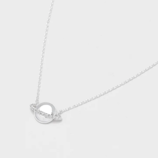 Necklace Saturn Planet Silver Charm Cubic Zirconia