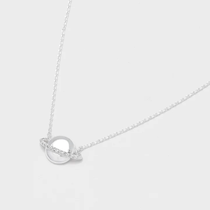 
            
                Load image into Gallery viewer, Necklace Saturn Planet Silver Charm Cubic Zirconia
            
        