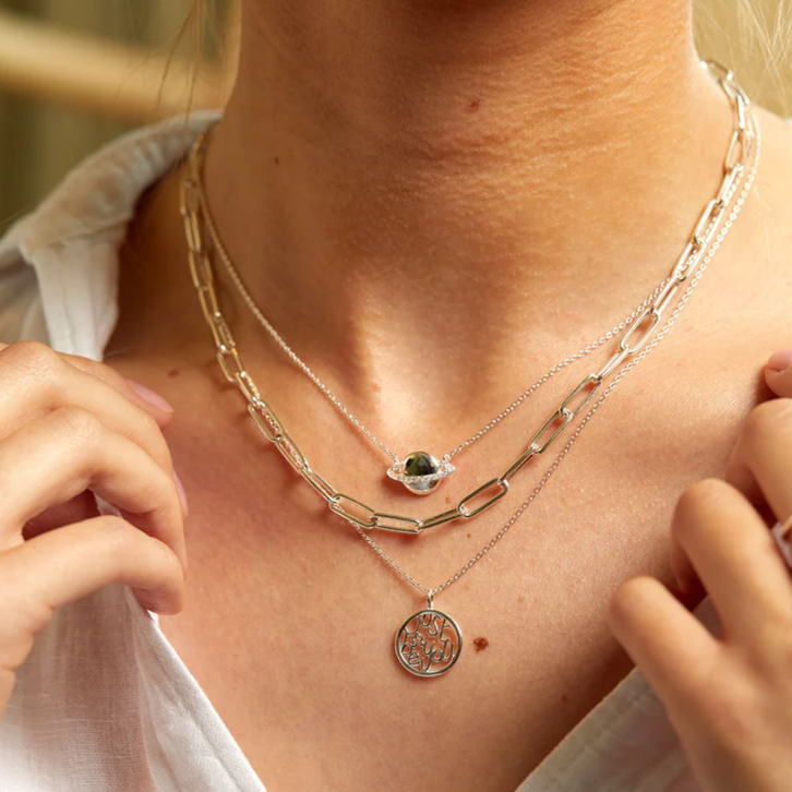 Necklace Saturn Planet Silver Charm Cubic Zirconia