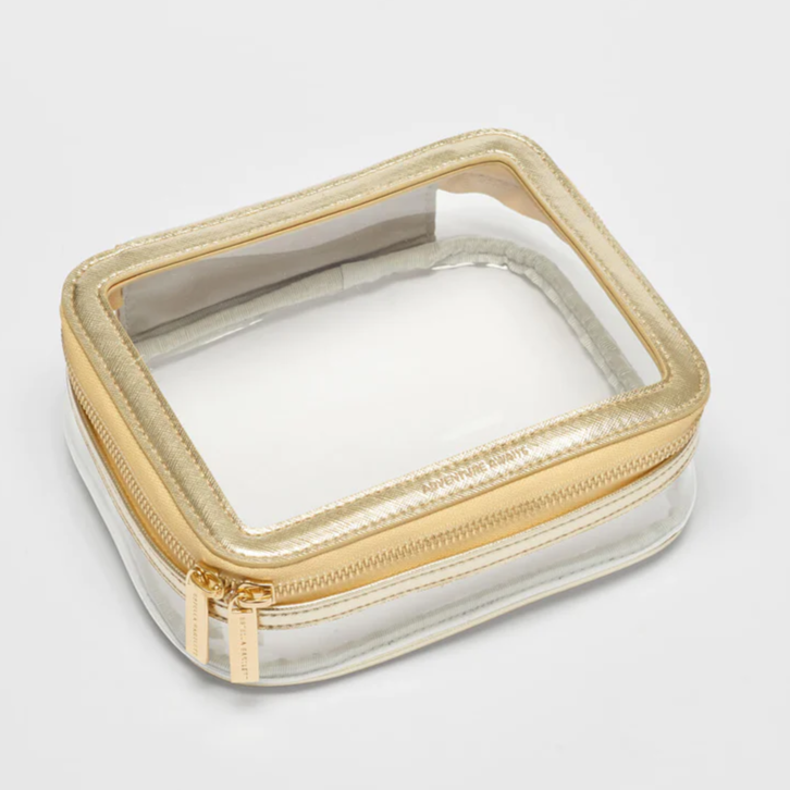Clear Travel Case Cosmetics Gold Embossed 'Adventure Awaits'