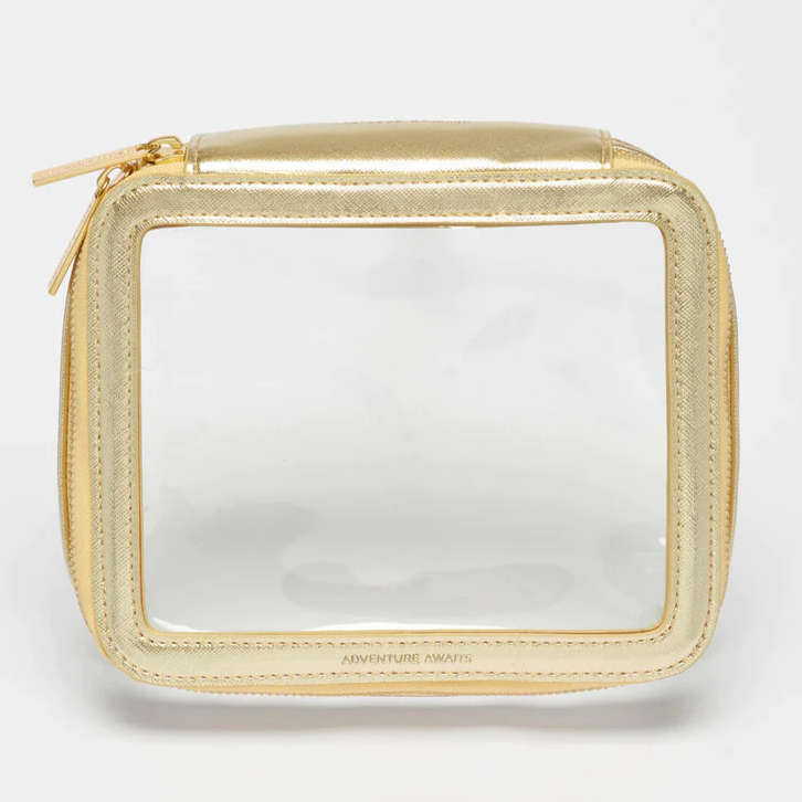 Clear Travel Case Cosmetics Gold Embossed 'Adventure Awaits'