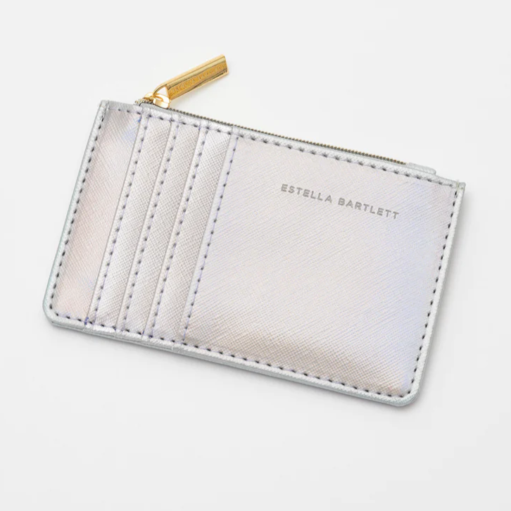 Card Holder Purse 'LOVE' Iridescent Silver Faux Leather Estella Bartlett