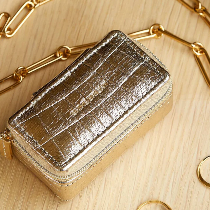 Gold Crocodile Tiny Jewellery Box Treasure Chest Transportable