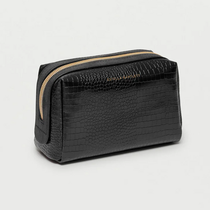 Makeup Bag Black Crocodile Vegan Leather Gold 'Bon Voyage'