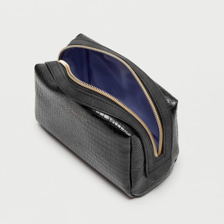 Makeup Bag Black Crocodile Vegan Leather Gold 'Bon Voyage'