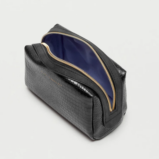 Makeup Bag Black Crocodile Vegan Leather Gold 'Bon Voyage'