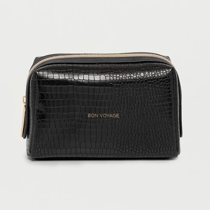 Makeup Bag Black Crocodile Vegan Leather Gold 'Bon Voyage'