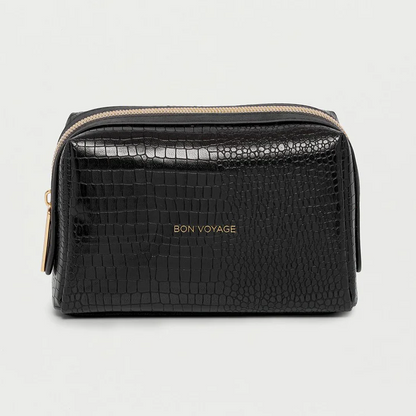 Makeup Bag Black Crocodile Vegan Leather Gold 'Bon Voyage'