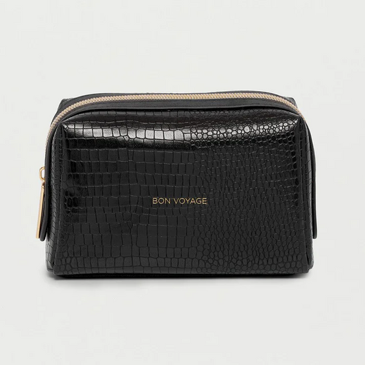 Makeup Bag Black Crocodile Vegan Leather Gold 'Bon Voyage'
