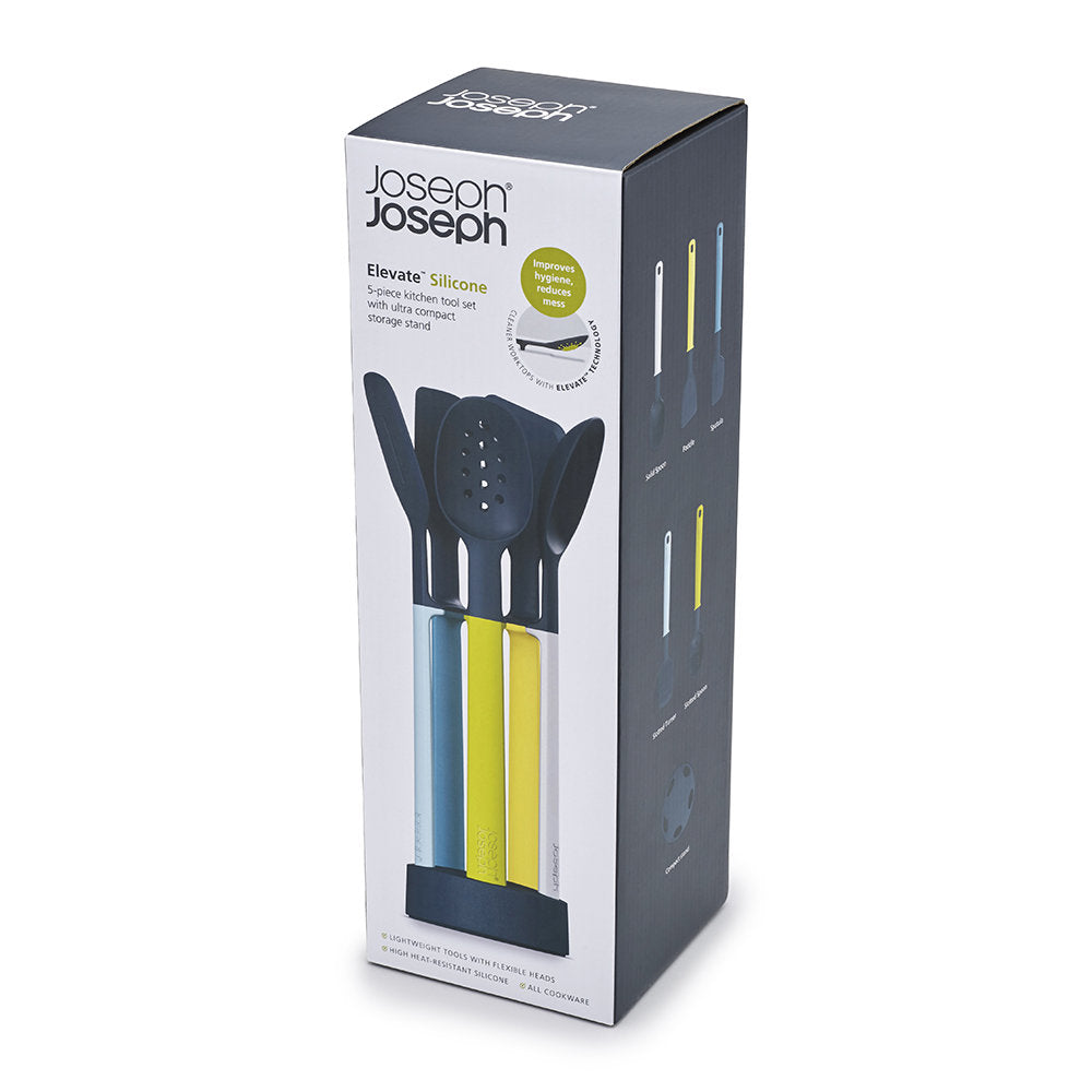 Utensil Kitchen Tool Set Elevate 5 Piece with Storage in Yellow, Green, White and Blue