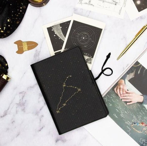 Customisable Notebook Cross-stitch Constellation Star Sign in Black Vegan Leather