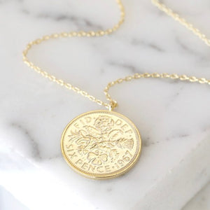 
            
                Load image into Gallery viewer, Necklace Lucky 6 Pence Charm Gold Plated
            
        