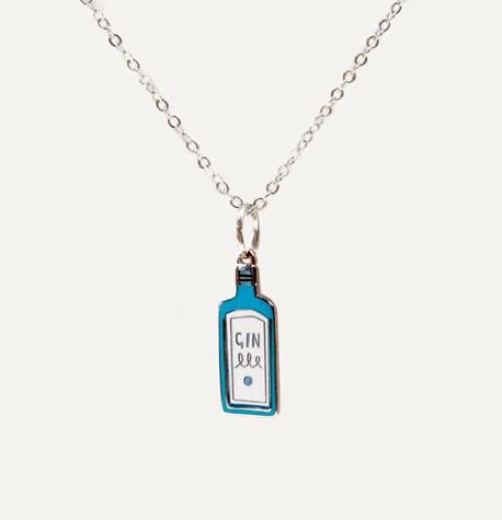 Necklace with a blue Gin bottle pendant in silver by Katy Welsh