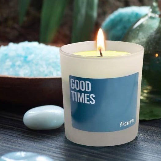 Candle Scented Lavender 'Good Times' in Glass Blue & Yellow