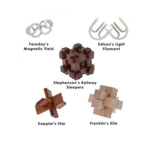 5 Puzzles Set of Wooden and Metal Great Minds Brain Teasers