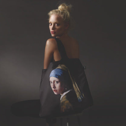 Foldable Tote bag with 'Girl with a Pearl Earring' artwork by Johannes Vermeer in black