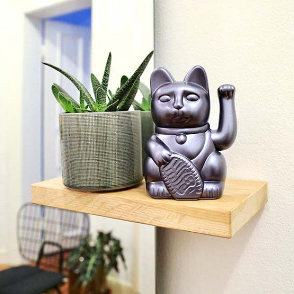 Lucky Cat Waving Arm 'Maneki-Neko' Good Fortune Metallic Grey