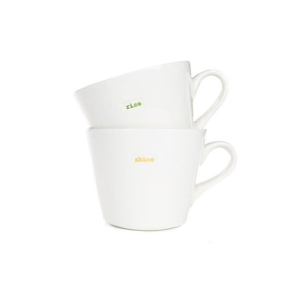 Rise and Shine Pair of Mugs Keith Brymer Jones in White with Green and Yellow Text