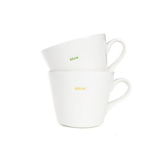 Rise and Shine Pair of Mugs Keith Brymer Jones in White with Green and Yellow Text