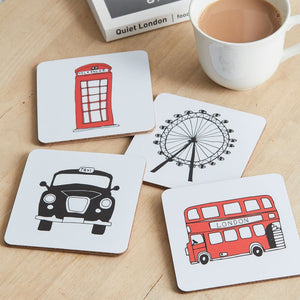 Set of four coasters with London skyline souvenir gift in white