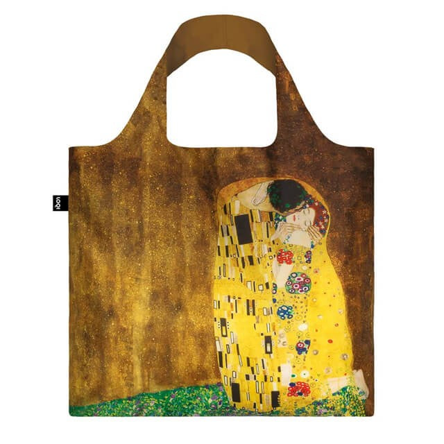 Foldable Tote bag with 'The Kiss' artwork by Gustav Klimt in yellow gold