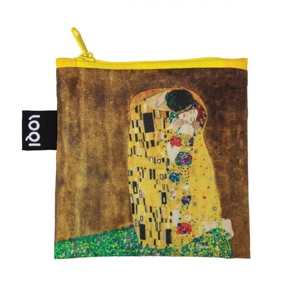 Foldable Tote bag with 'The Kiss' artwork by Gustav Klimt in yellow gold