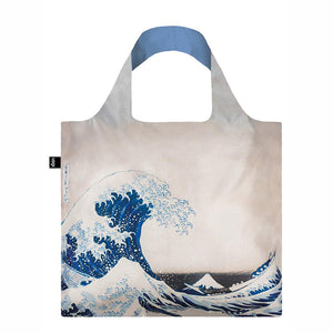 Foldable Tote bag with 'The Great Wave' artwork by Hokusai in white and blue