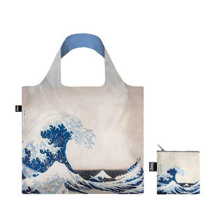 Foldable Tote bag with 'The Great Wave' artwork by Hokusai in white and blue