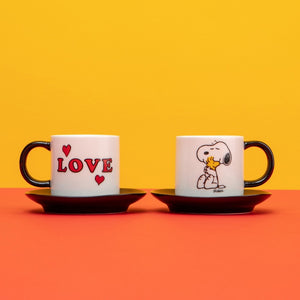 Snoopy Espresso Cup and Saucer Set of 2 Peanuts Comic 'Love' in White and Black