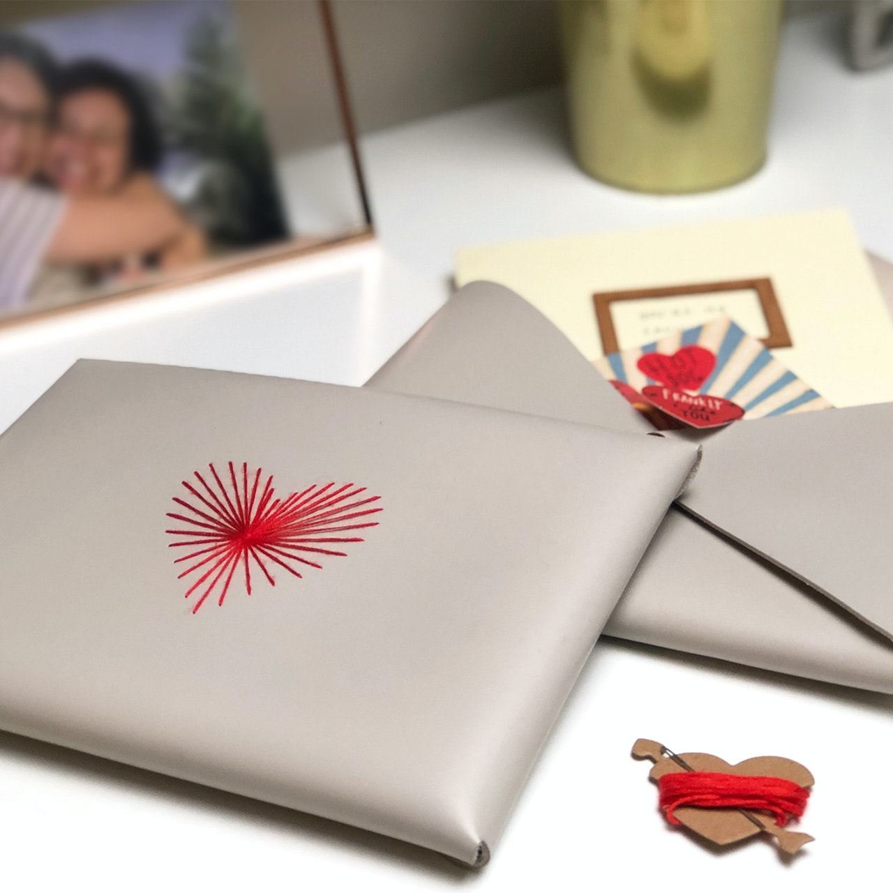 Pouch Envelope DIY Stitch Heart Faux Leather in Light Grey