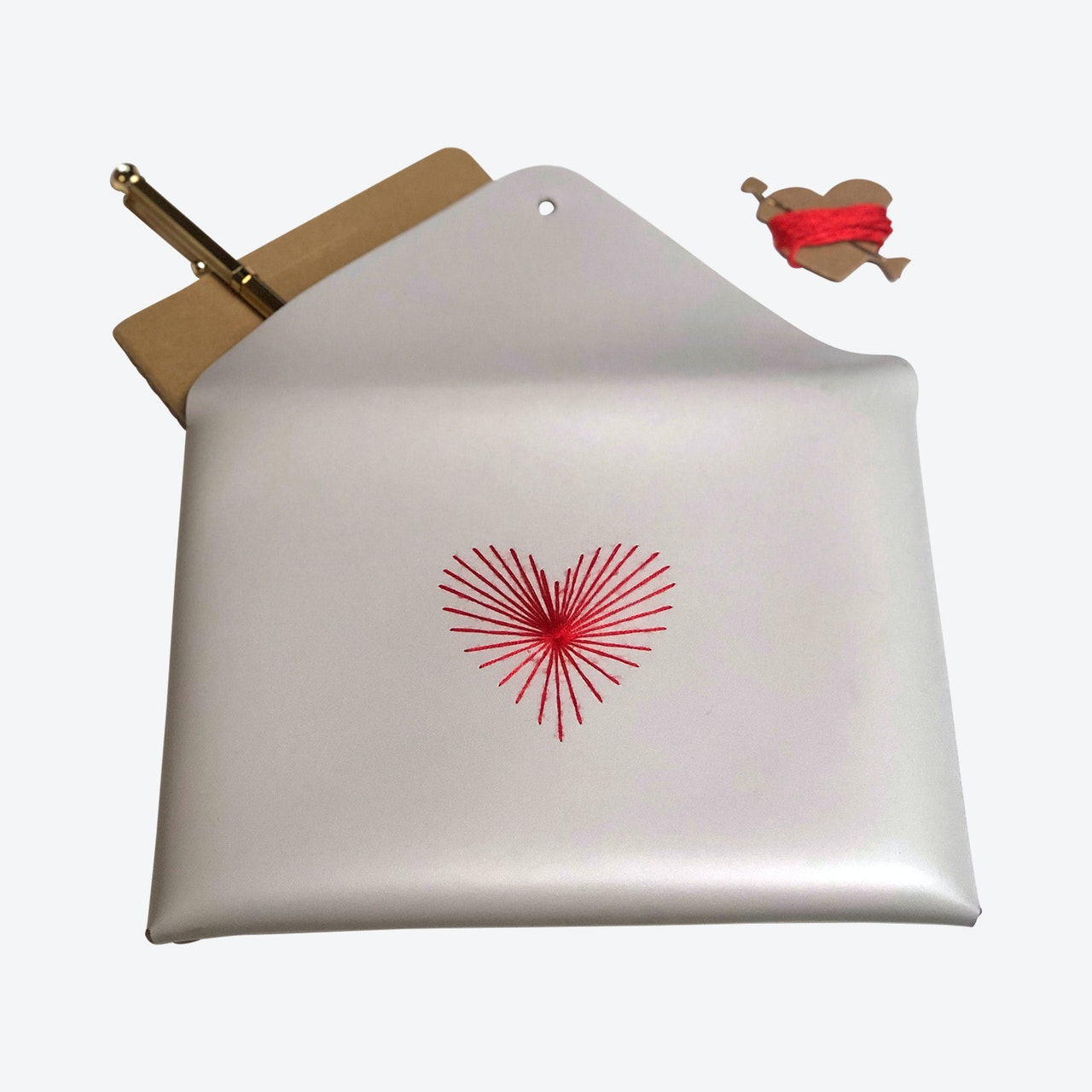 Pouch Envelope DIY Stitch Heart Faux Leather in Light Grey