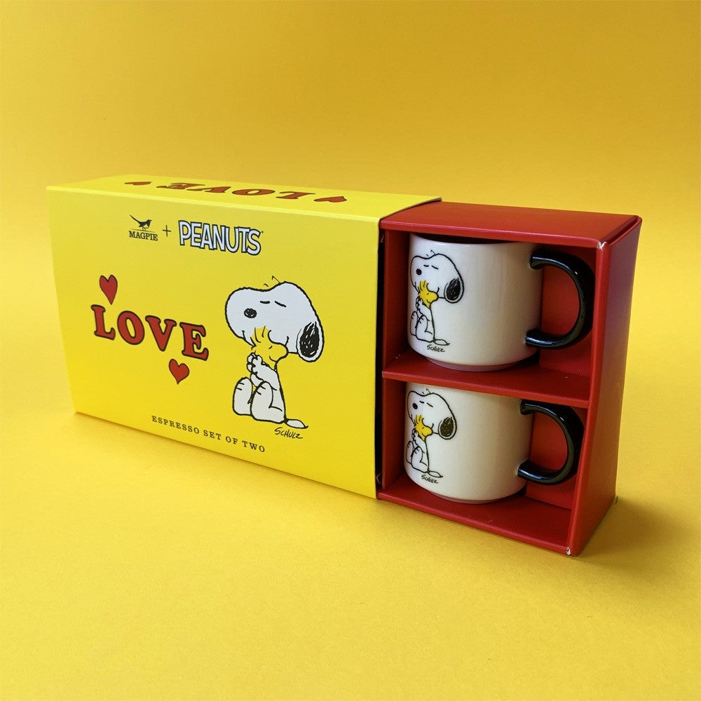 Snoopy Espresso Cup and Saucer Set of 2 Peanuts Comic 'Love' in White and Black