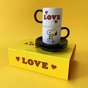 Snoopy Espresso Cup and Saucer Set of 2 Peanuts Comic 'Love' in White and Black