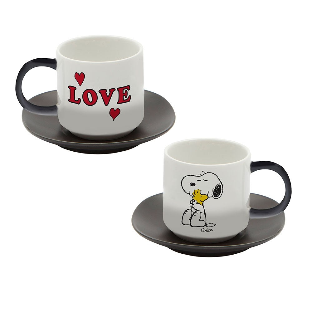 Snoopy Espresso Cup and Saucer Set of 2 Peanuts Comic 'Love' in White and Black