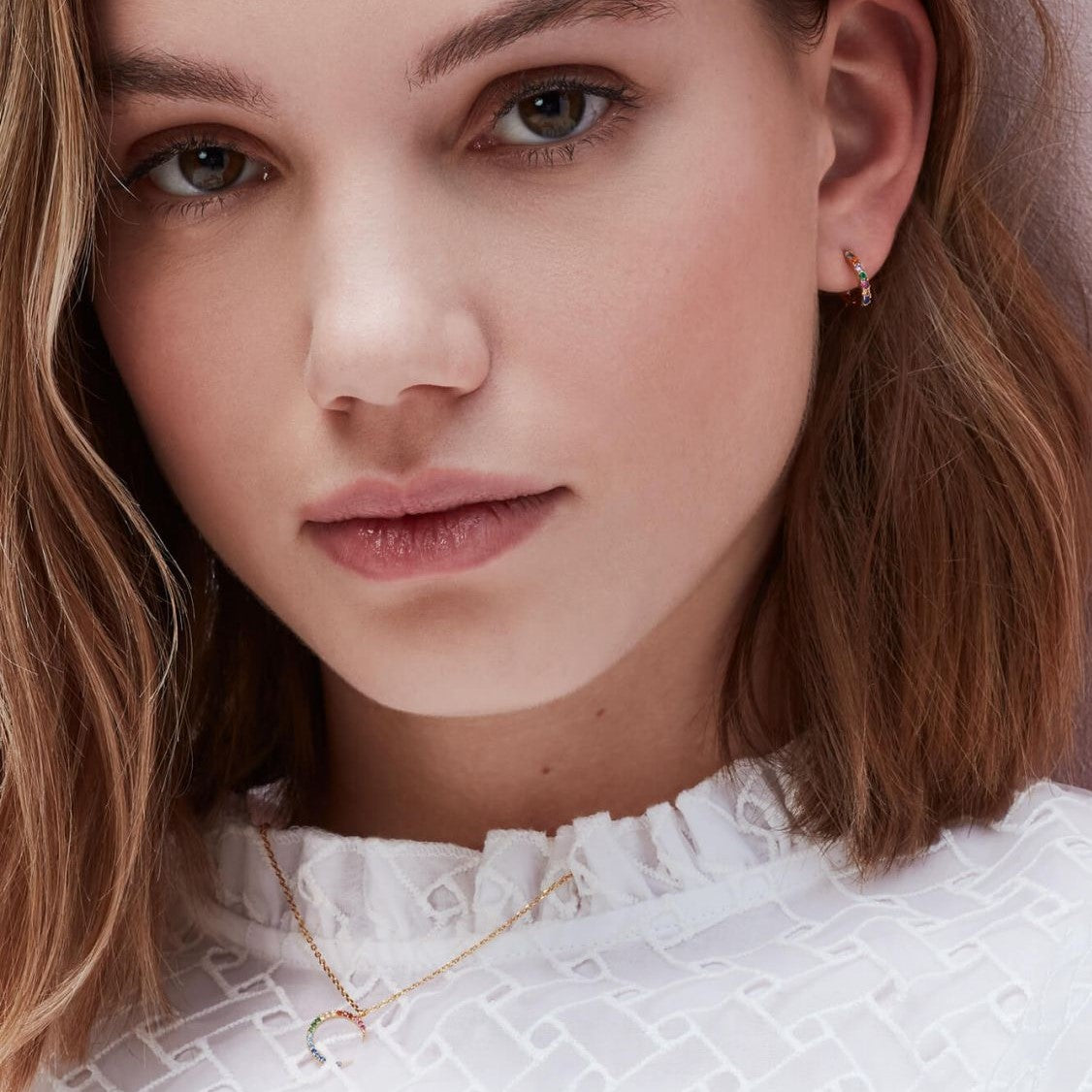 Necklace Rainbow Moon CZ Multi Coloured Gold Plated