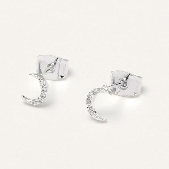 Earrings Pave Set White Cubic Zirconia Moon Silver Plated