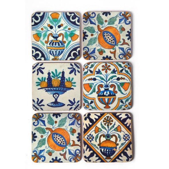 
            
                Load image into Gallery viewer, Coasters Set of 6 Delft Tile Fruit Flowers in Orange Blue Green White
            
        