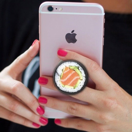 Mobile accessory expanding hand-grip and stand Popsocket in sushi salmon roll