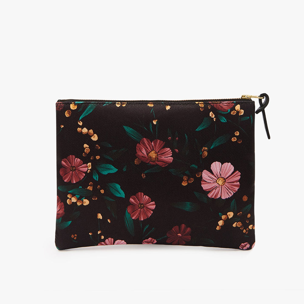 Pouch Large Floral Black with Pink Flowers